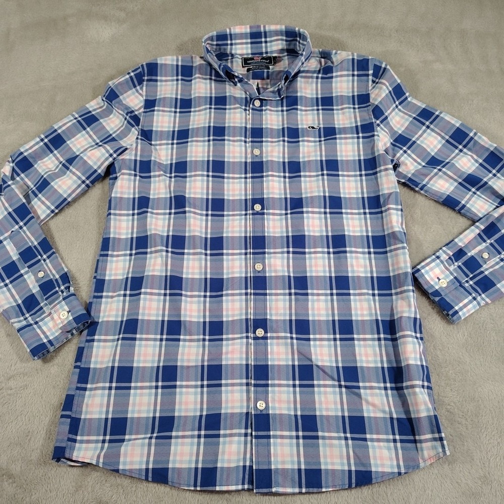 Vineyard Vines Performance Whale Shirt Men XL(18) Blue/Pink Plaid Lightweight
